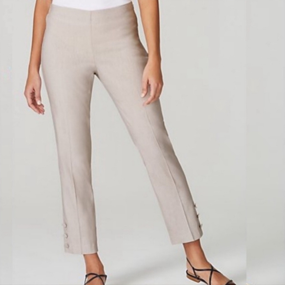 J. Jill Linen Stretch Ankle Pants Light Grey‎ Button Hem Side Zipper Size L